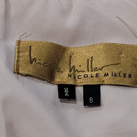 NICOLE MILLER Gold Foil Crimped Party Dress 8 Gathered Low Cut V-Neck Bodycon - Picture 6 of 9